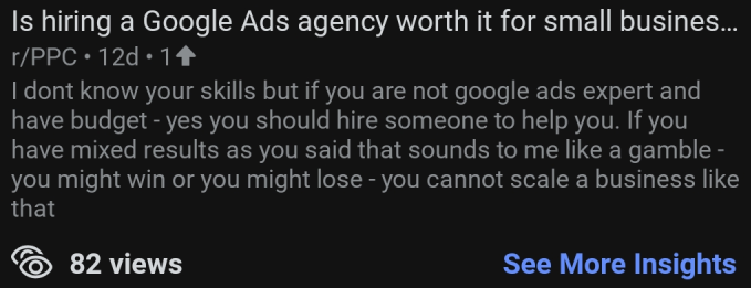 Google Ads expert explains budget optimization to Reddit user – example of professional PPC consultant guidance.