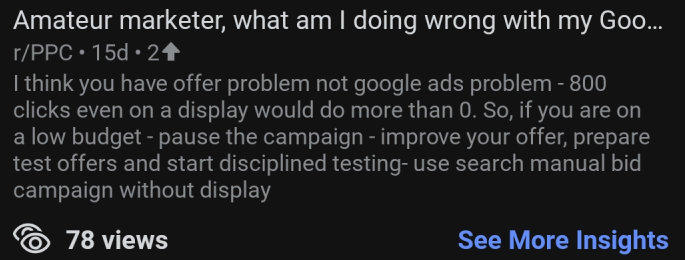Reddit discussion where a pay per click specialist shares campaign targeting tips that improved lead quality.