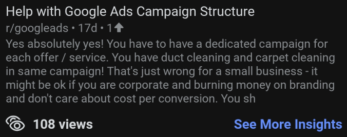 Reddit user asking how to improve ROI on Google Ads campaigns and consultant offering actionable advice – proof of expertise from a top PPC consultant.