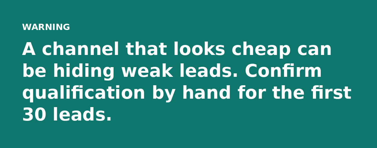 A channel that looks cheap can be hiding weak leads. Confirm qualification by hand for the first 30 leads.