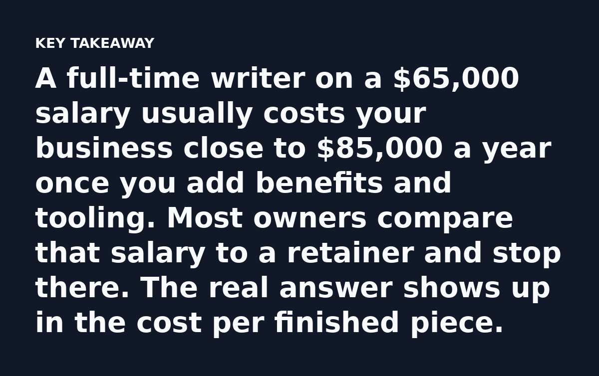 A full-time writer on a $65,000 salary usually costs your business close to $85,000 a year once you add benefits and tooling. Most owners compare that