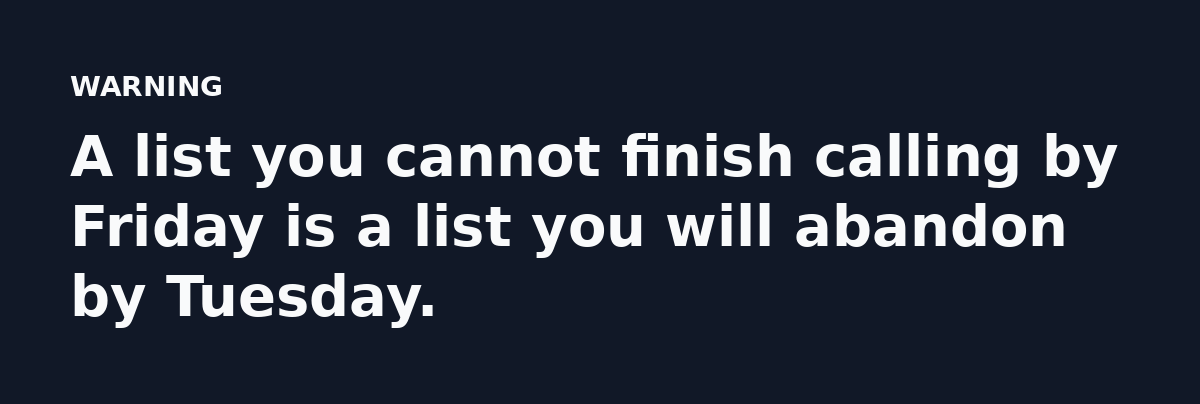 A list you cannot finish calling by Friday is a list you will abandon by Tuesday.