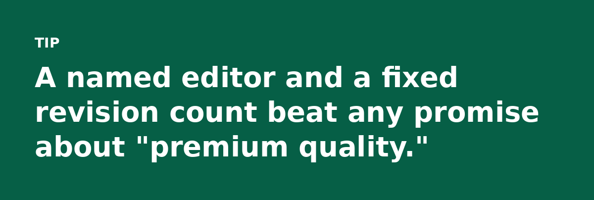 A named editor and a fixed revision count beat any promise about 'premium quality.'