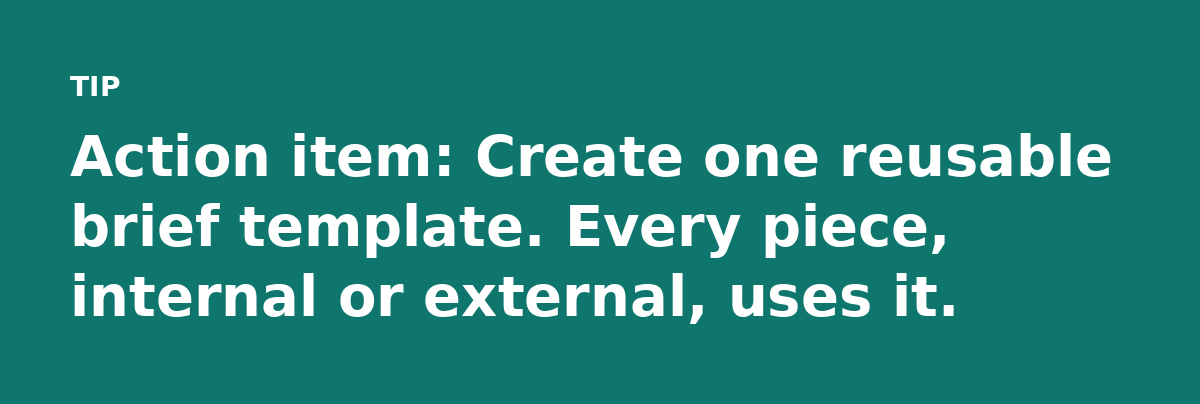 Action item: Create one reusable brief template. Every piece, internal or external, uses it.