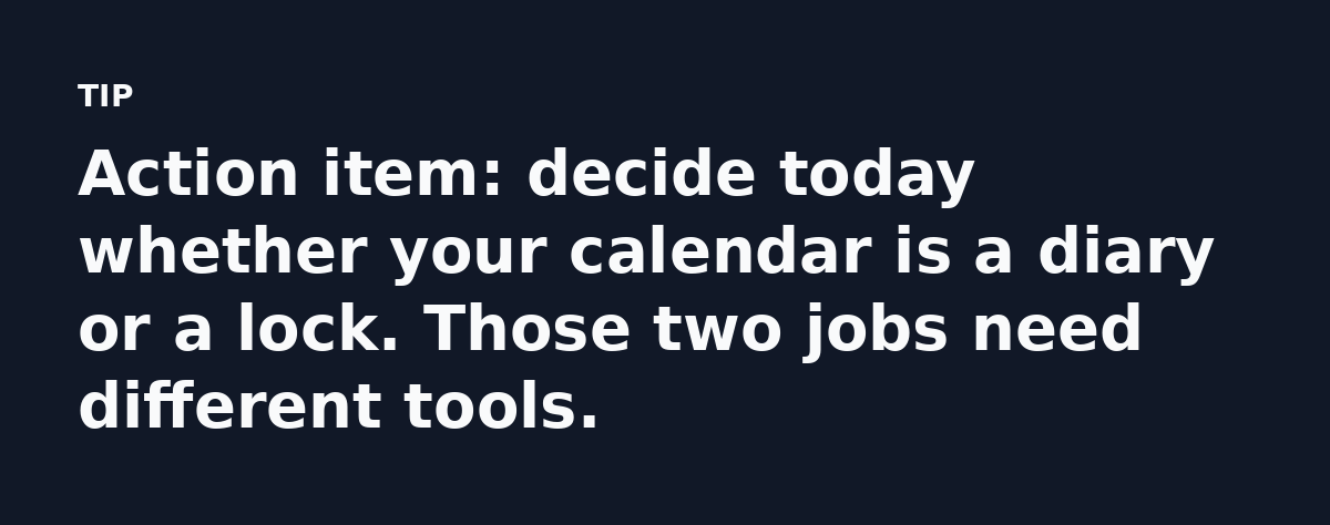 Action item: decide today whether your calendar is a diary or a lock. Those two jobs need different tools.