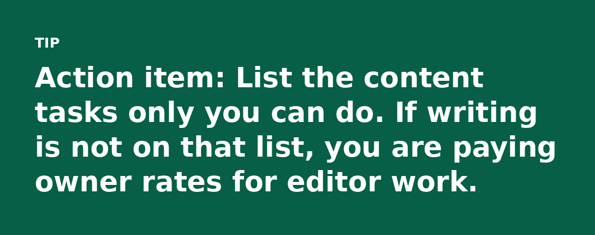 Action item: List the content tasks only you can do. If writing is not on that list, you are paying owner rates for editor work.