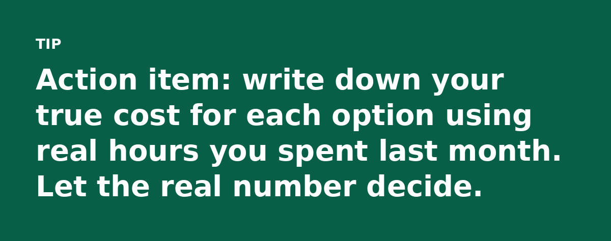 Action item: write down your true cost for each option using real hours you spent last month. Let the real number decide.