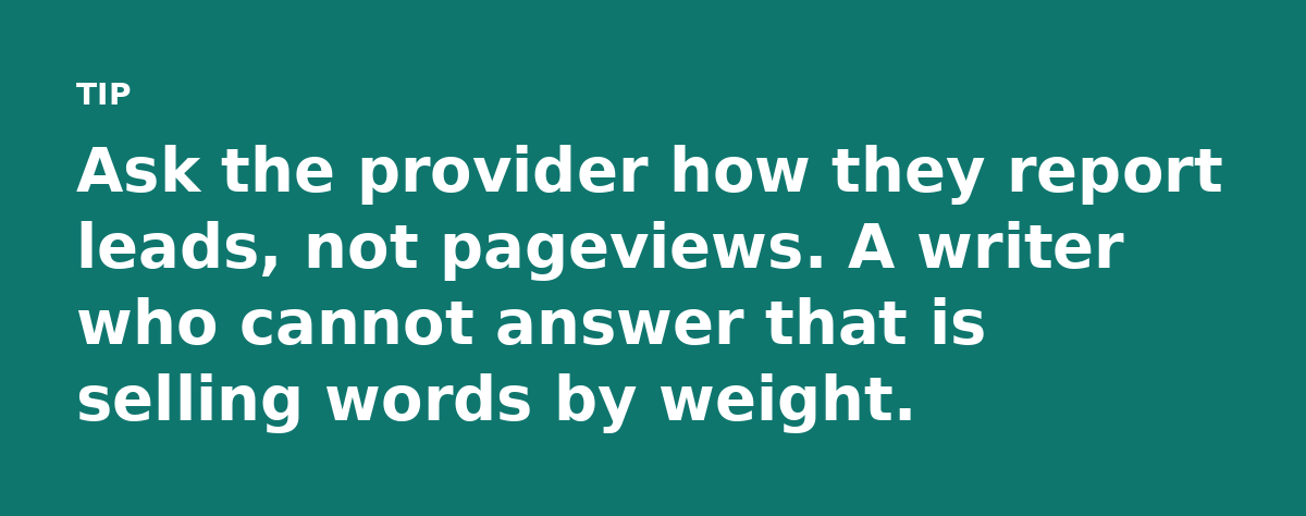 Ask the provider how they report leads, not pageviews. A writer who cannot answer that is selling words by weight.