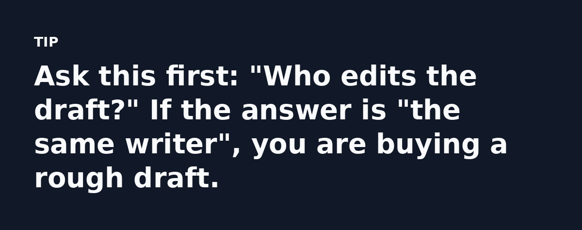 Ask this first: 'Who edits the draft?' If the answer is 'the same writer', you are buying a rough draft.