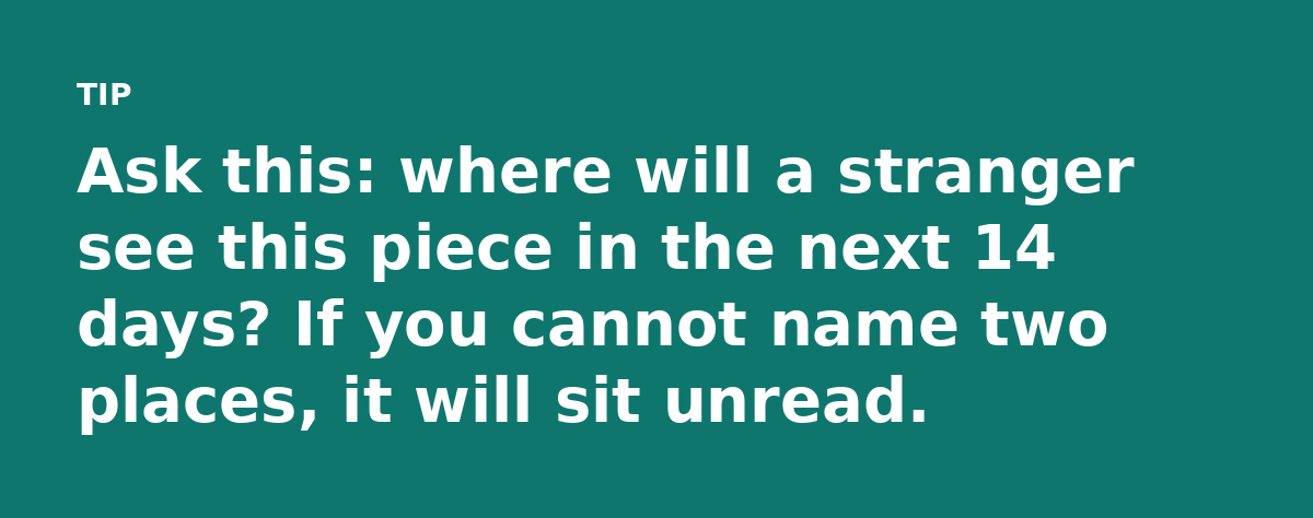 Ask this: where will a stranger see this piece in the next 14 days? If you cannot name two places, it will sit unread.