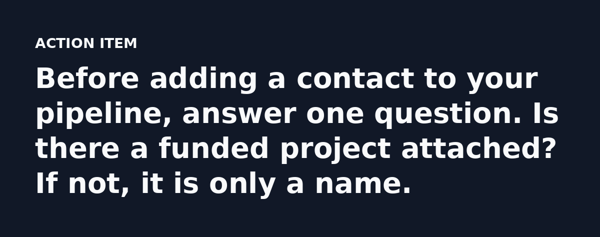 Before adding a contact to your pipeline, answer one question. Is there a funded project attached? If not, it is only a name.
