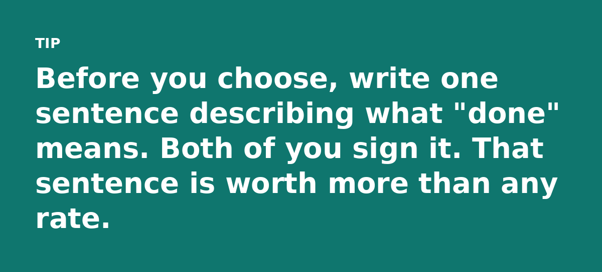Before you choose, write one sentence describing what 'done' means. Both of you sign it. That sentence is worth more than any rate.