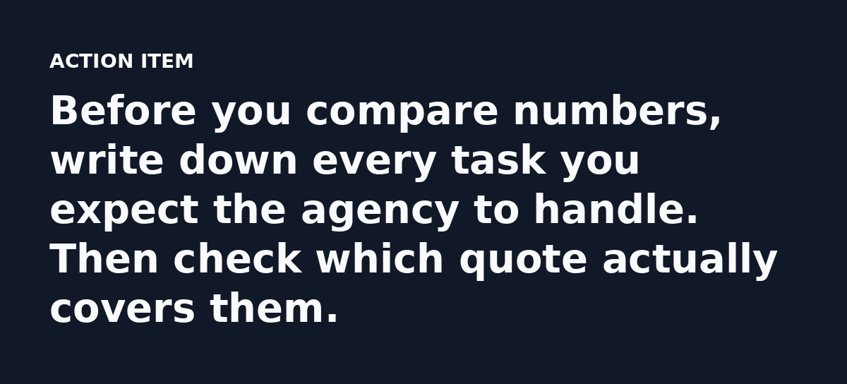 Before you compare numbers, write down every task you expect the agency to handle. Then check which quote actually covers them.
