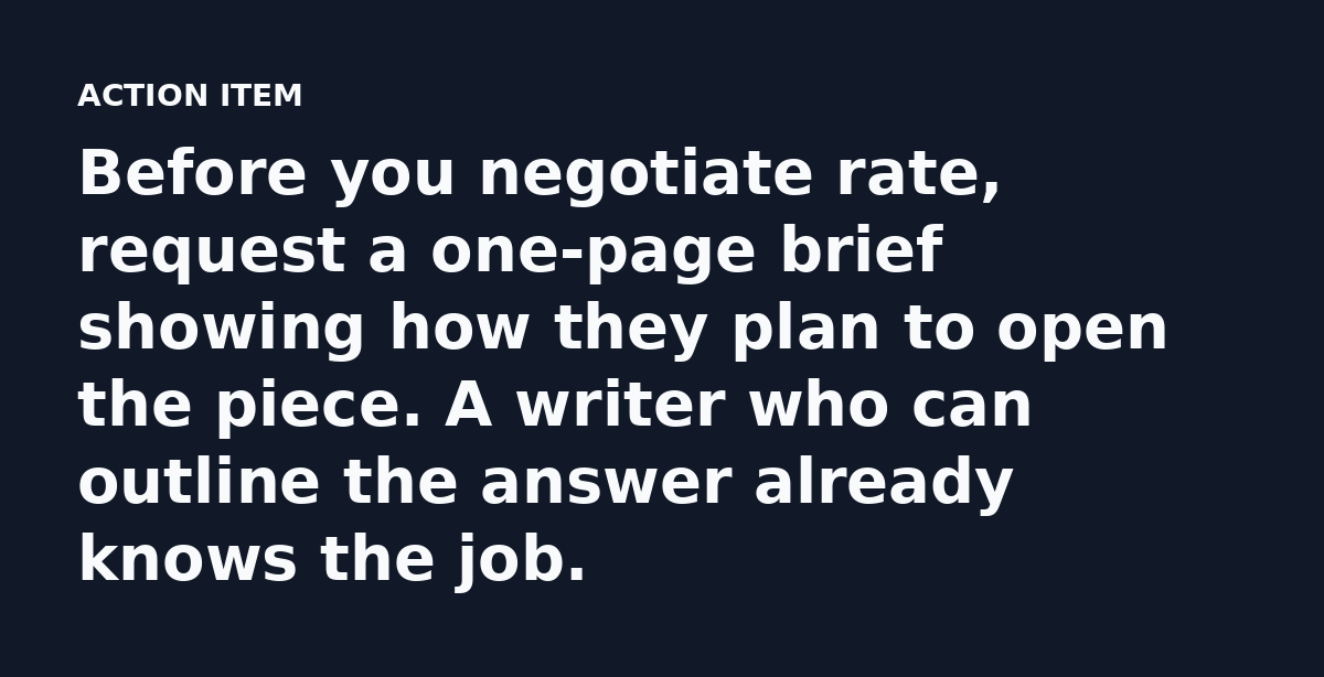 Before you negotiate rate, request a one-page brief showing how they plan to open the piece. A writer who can outline the answer already knows the job