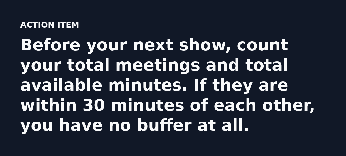 Before your next show, count your total meetings and total available minutes. If they are within 30 minutes of each other, you have no buffer at all.