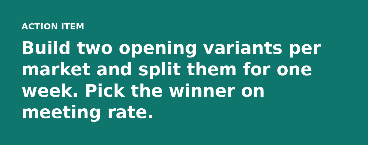 Build two opening variants per market and split them for one week. Pick the winner on meeting rate.