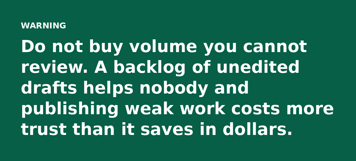 Do not buy volume you cannot review. A backlog of unedited drafts helps nobody and publishing weak work costs more trust than it saves in dollars.