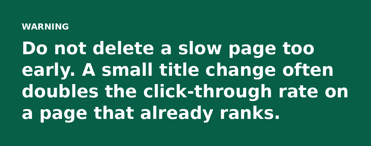 Do not delete a slow page too early. A small title change often doubles the click-through rate on a page that already ranks.