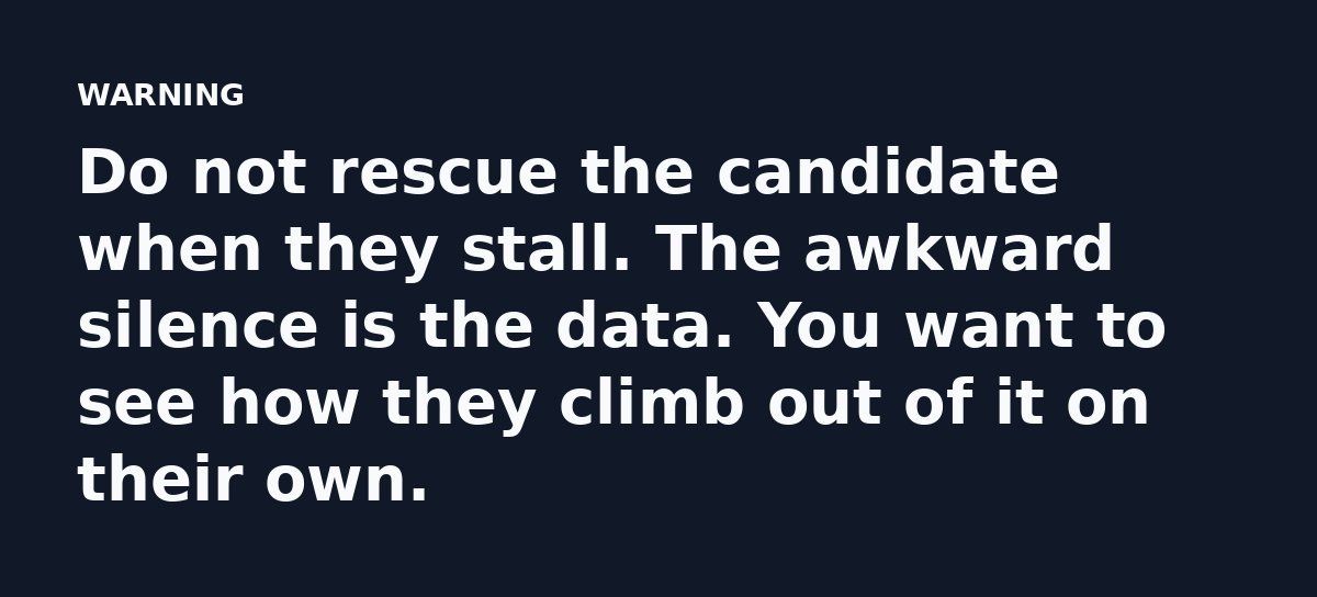 Do not rescue the candidate when they stall. The awkward silence is the data. You want to see how they climb out of it on their own.