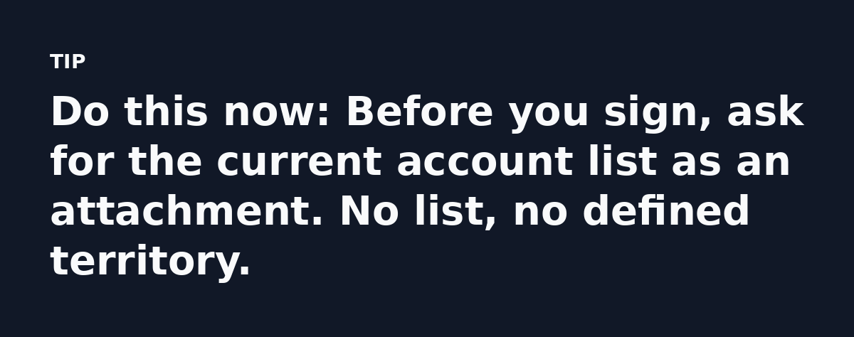 Do this now: Before you sign, ask for the current account list as an attachment. No list, no defined territory.