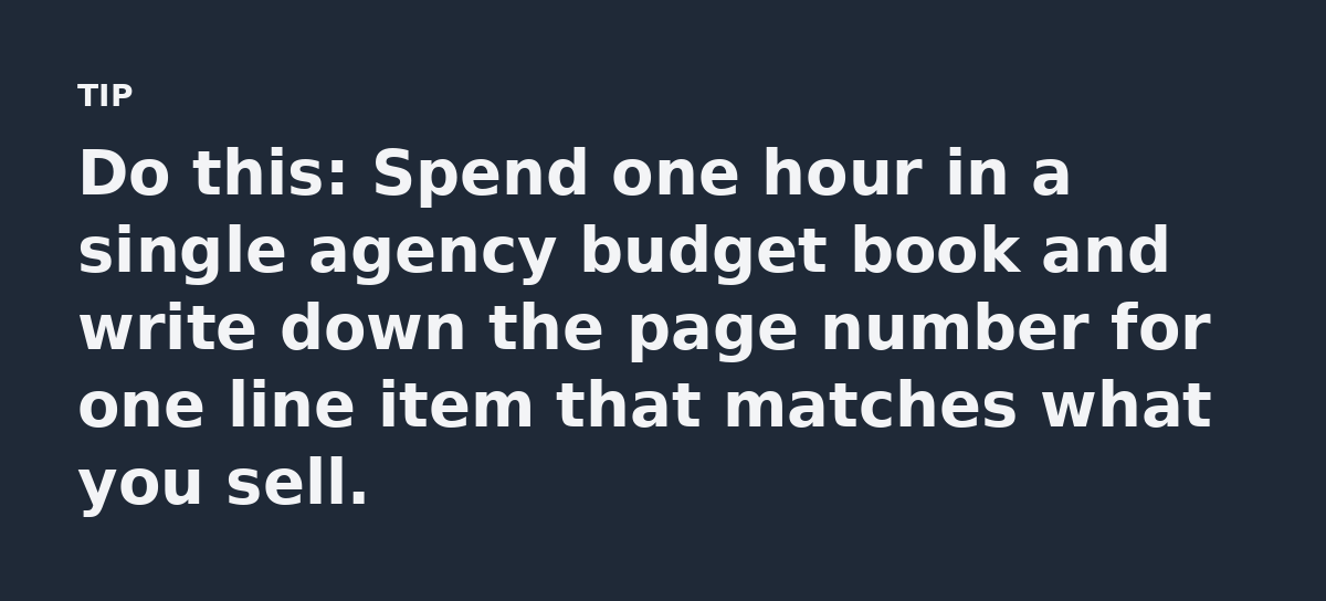 Do this: Spend one hour in a single agency budget book and write down the page number for one line item that matches what you sell.