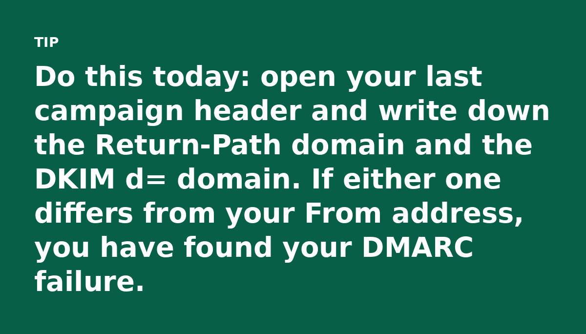 Do this today: open your last campaign header and write down the Return-Path domain and the DKIM d= domain. If either one differs from your From addre