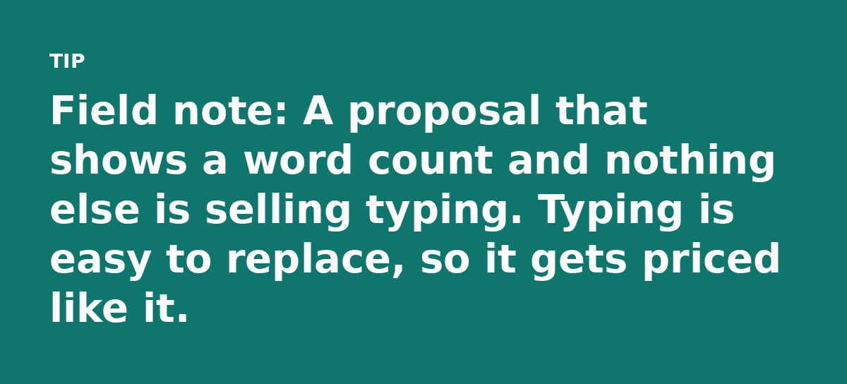 Field note: A proposal that shows a word count and nothing else is selling typing. Typing is easy to replace, so it gets priced like it.