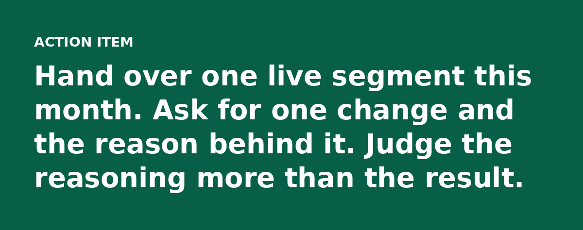 Hand over one live segment this month. Ask for one change and the reason behind it. Judge the reasoning more than the result.