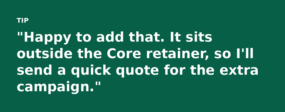 'Happy to add that. It sits outside the Core retainer, so I'll send a quick quote for the extra campaign.'
