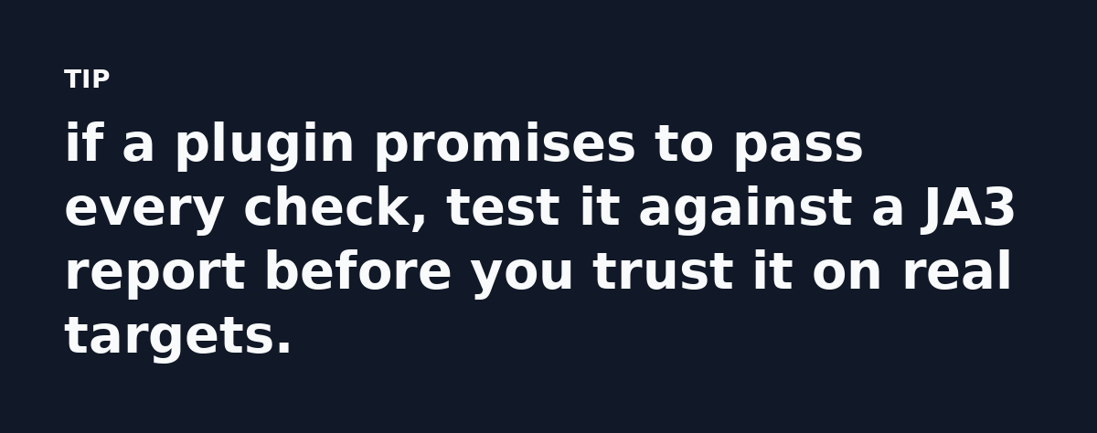 if a plugin promises to pass every check, test it against a JA3 report before you trust it on real targets.