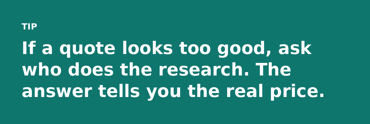 If a quote looks too good, ask who does the research. The answer tells you the real price.