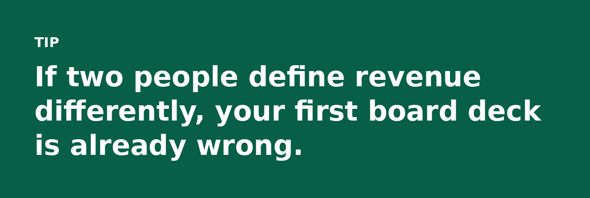 If two people define revenue differently, your first board deck is already wrong.
