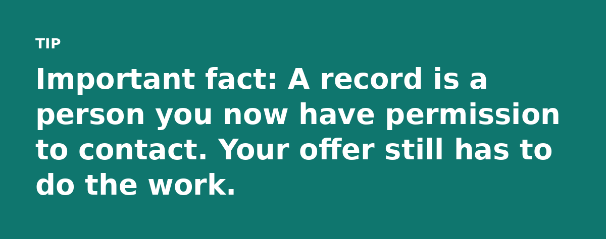 Important fact: A record is a person you now have permission to contact. Your offer still has to do the work.