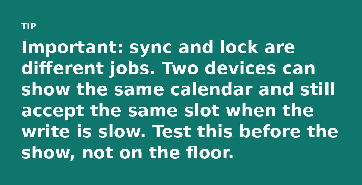 Important: sync and lock are different jobs. Two devices can show the same calendar and still accept the same slot when the write is slow. Test this b