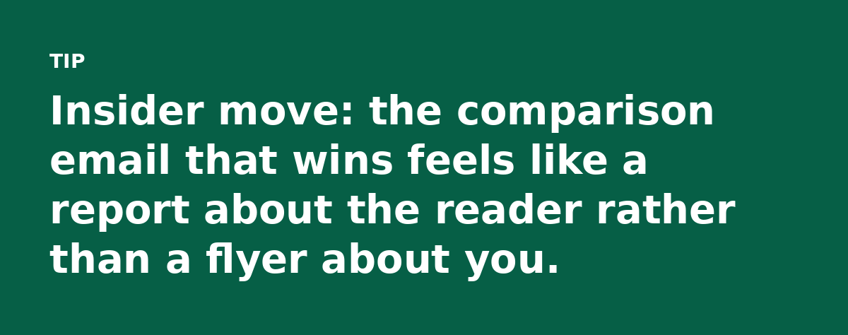 Insider move: the comparison email that wins feels like a report about the reader rather than a flyer about you.