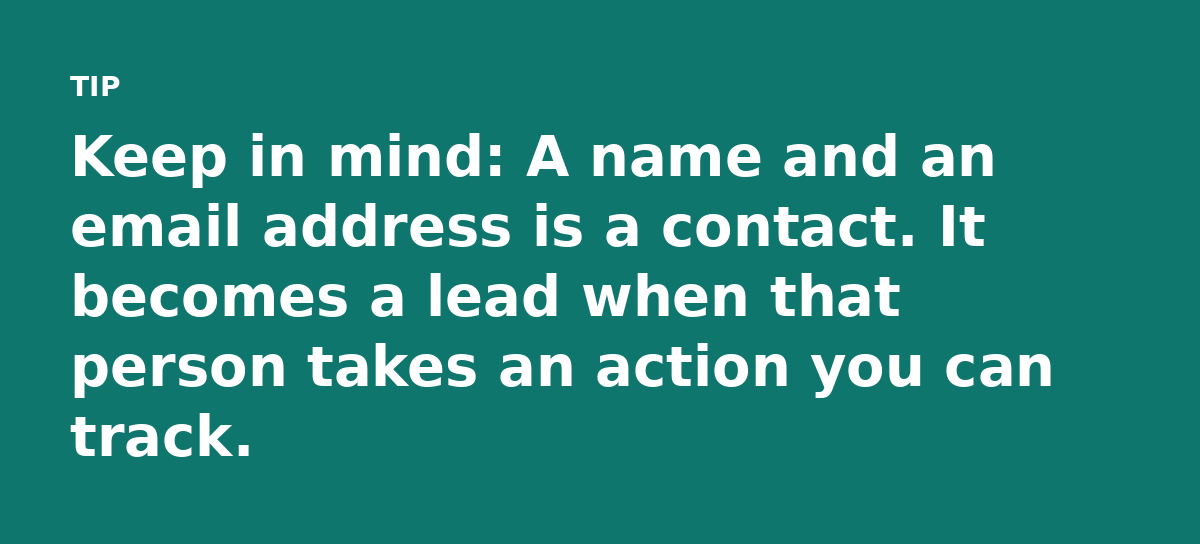 Keep in mind: A name and an email address is a contact. It becomes a lead when that person takes an action you can track.
