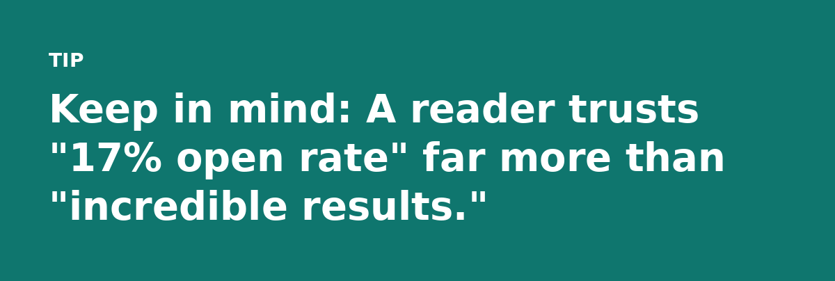 Keep in mind: A reader trusts '17% open rate' far more than 'incredible results.'