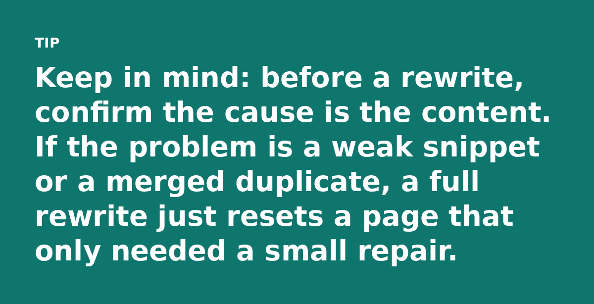 Keep in mind: before a rewrite, confirm the cause is the content. If the problem is a weak snippet or a merged duplicate, a full rewrite just resets a