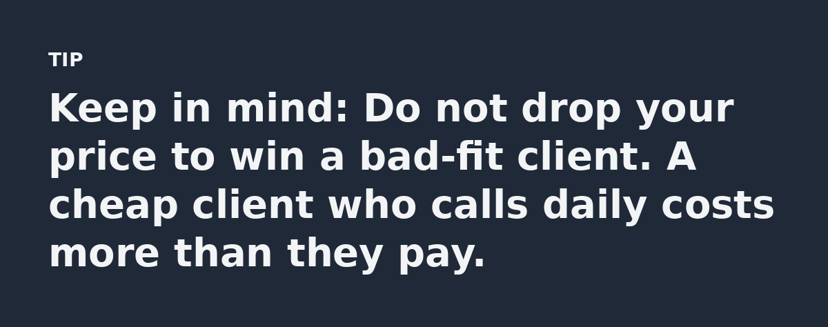 Keep in mind: Do not drop your price to win a bad-fit client. A cheap client who calls daily costs more than they pay.