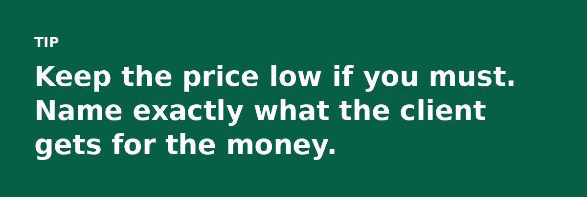 Keep the price low if you must. Name exactly what the client gets for the money.
