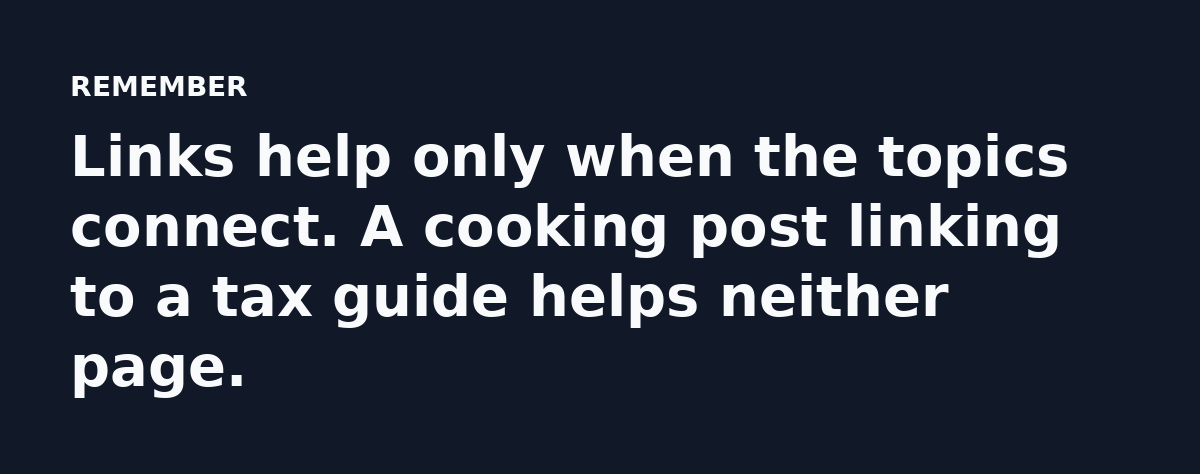 Links help only when the topics connect. A cooking post linking to a tax guide helps neither page.