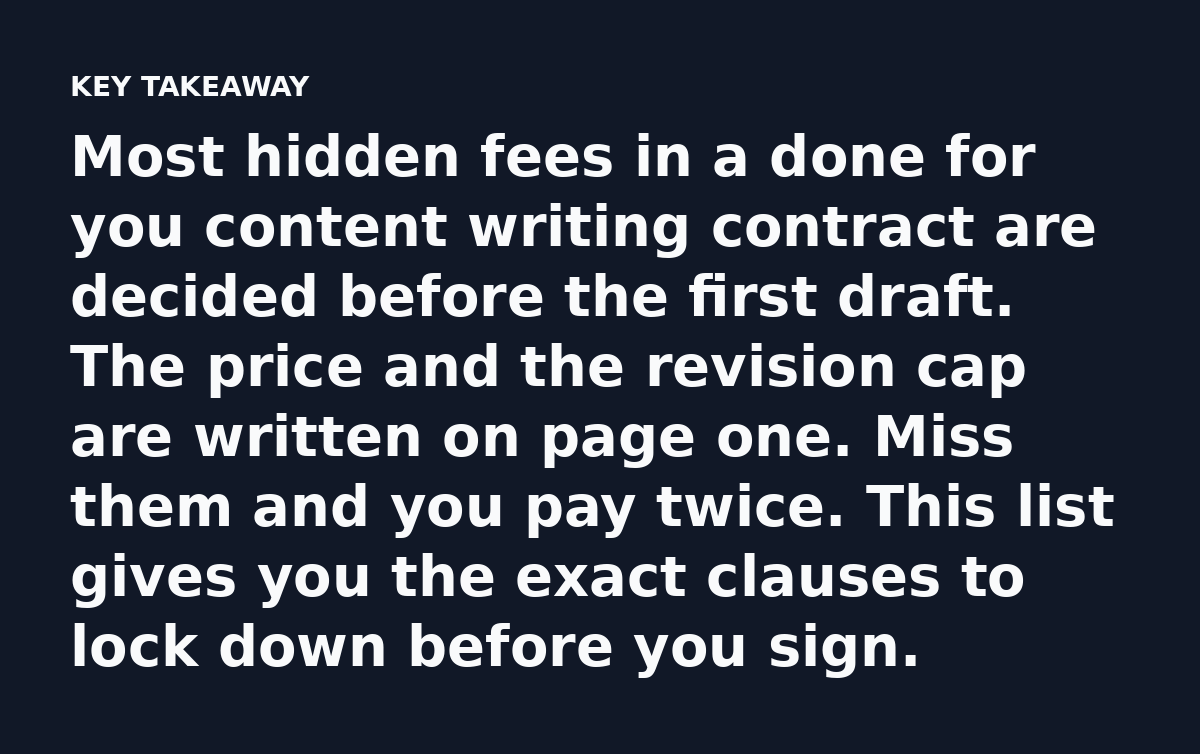 Most hidden fees in a done for you content writing contract are decided before the first draft. The price and the revision cap are written on page one