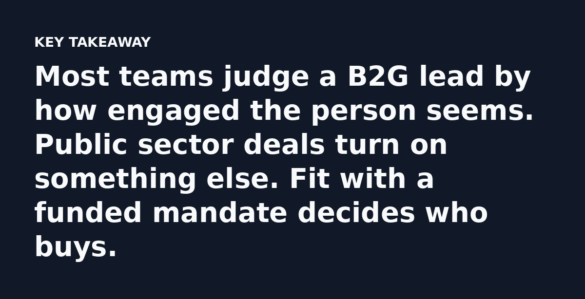 Most teams judge a B2G lead by how engaged the person seems. Public sector deals turn on something else. Fit with a funded mandate decides who buys.