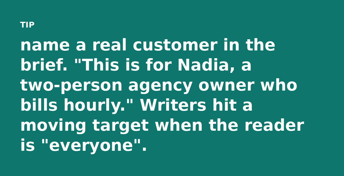 name a real customer in the brief. 'This is for Nadia, a two-person agency owner who bills hourly.' Writers hit a moving target when the reader is 'ev