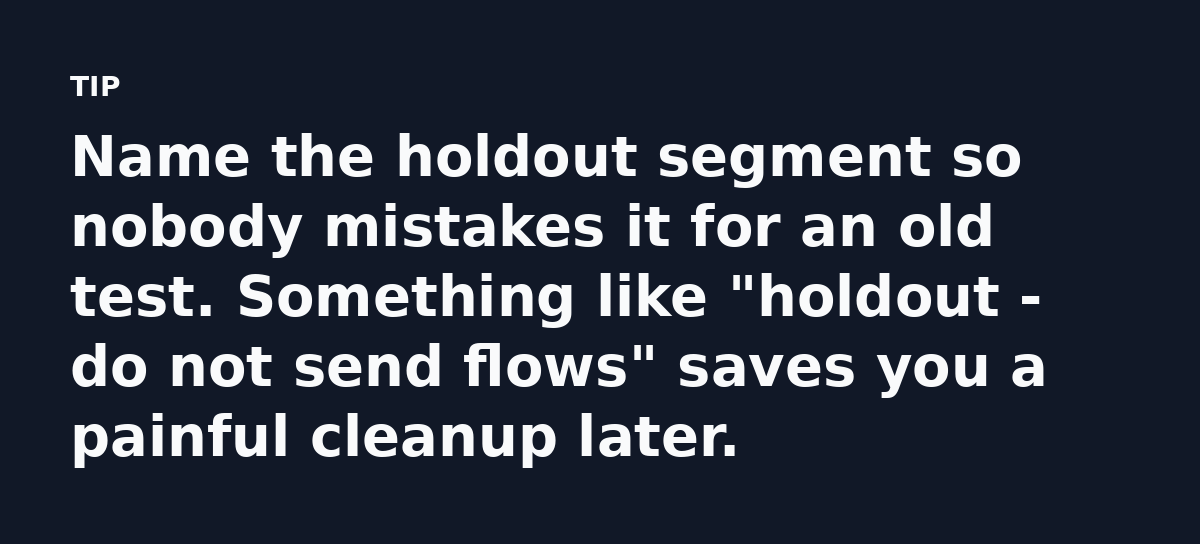 Name the holdout segment so nobody mistakes it for an old test. Something like 'holdout - do not send flows' saves you a painful cleanup later.