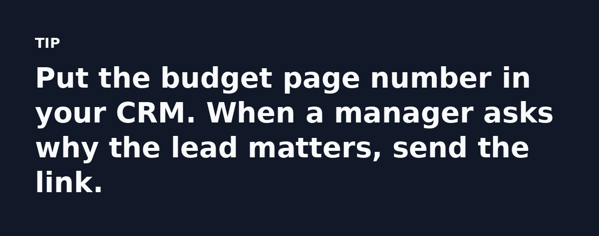 Put the budget page number in your CRM. When a manager asks why the lead matters, send the link.