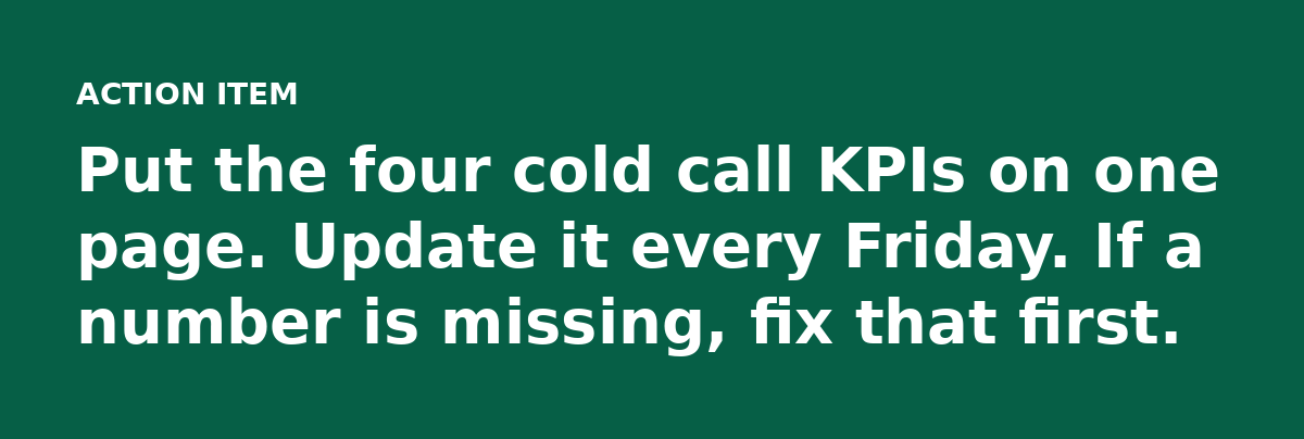 Put the four cold call KPIs on one page. Update it every Friday. If a number is missing, fix that first.