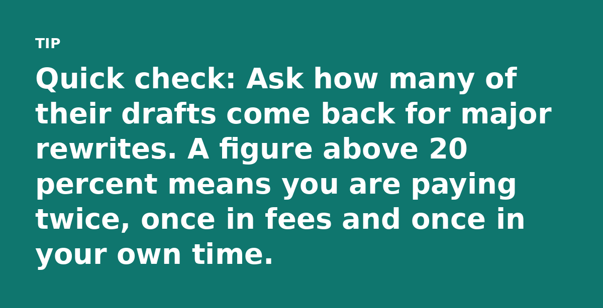Quick check: Ask how many of their drafts come back for major rewrites. A figure above 20 percent means you are paying twice, once in fees and once in
