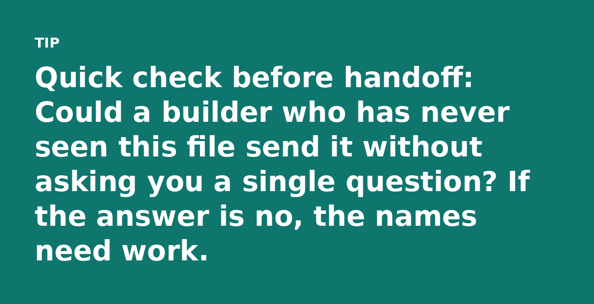 Quick check before handoff: Could a builder who has never seen this file send it without asking you a single question? If the answer is no, the names 