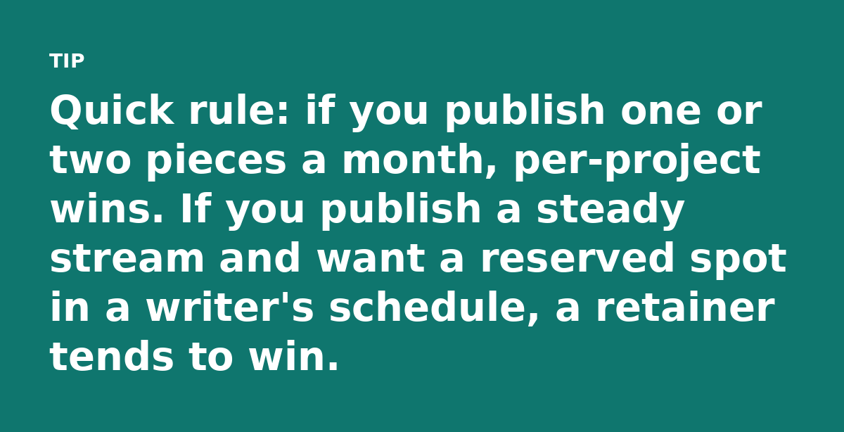 Quick rule: if you publish one or two pieces a month, per-project wins. If you publish a steady stream and want a reserved spot in a writer's schedule